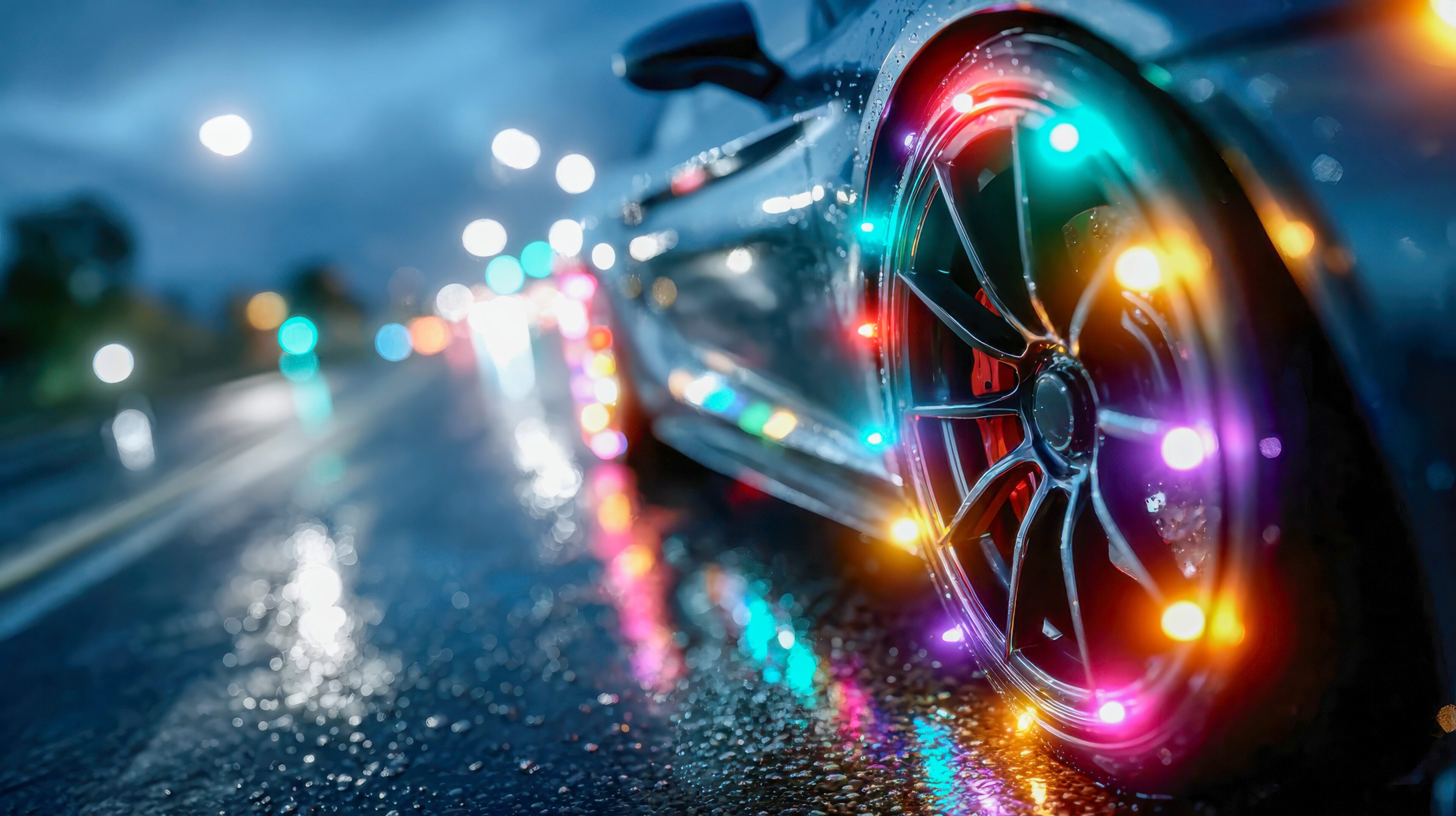 A close-up of a car wheel wrapped in colorful Christmas lights, reflecting on a wet night street with vibrant neon bokeh.